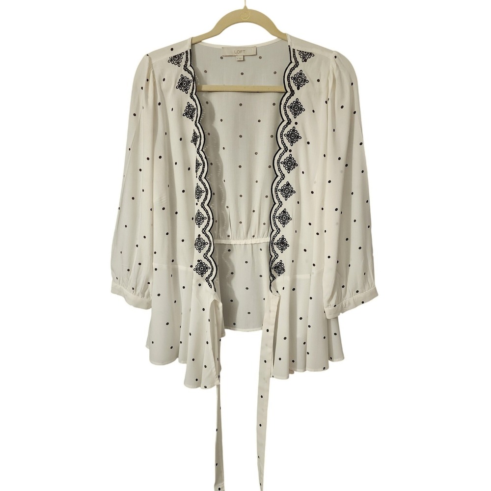 LOFT Women Wrap Top White Polka Dot Embroidered Peplum Blouse Small